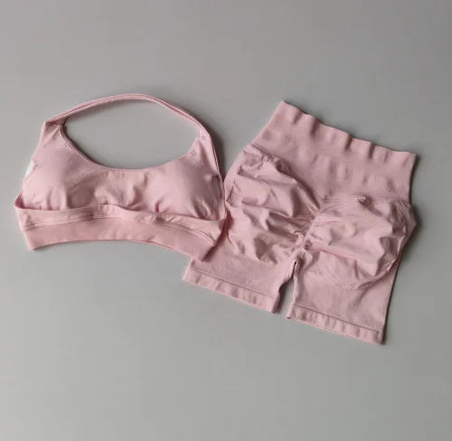 Sexy Halter Neck Beautiful Back High Waist Peach Sports Bras Shorts Suit Pilates Gathering Yoga Vest Training Fitness Bra Sets