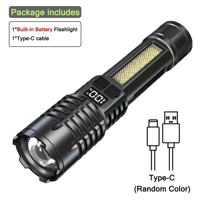 High Power LED Flashlight Powerful TYPE-C Rechargeable COB Flashlight With Side Light Torch For Outdoor Camping Hiking