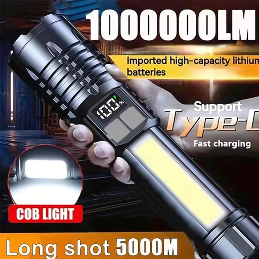 High Power LED Flashlight Powerful TYPE-C Rechargeable COB Flashlight With Side Light Torch For Outdoor Camping Hiking
