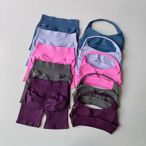 Sexy Halter Neck Beautiful Back High Waist Peach Sports Bras Shorts Suit Pilates Gathering Yoga Vest Training Fitness Bra Sets
