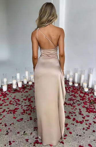 New women's one shoulder sloping collar backless slit satin pleated elegant cocktail party evening prom dress